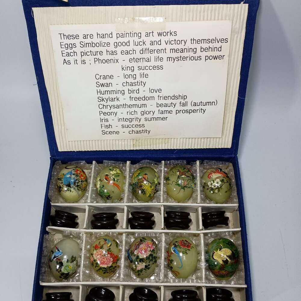 Chinese Hand Painted Jade/Stone Eggs 10 count w/Stands Original Presentation Box